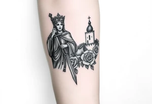 Saint Barbara carrying a sword detailed with a castle tower in the background, and roses tattoo idea