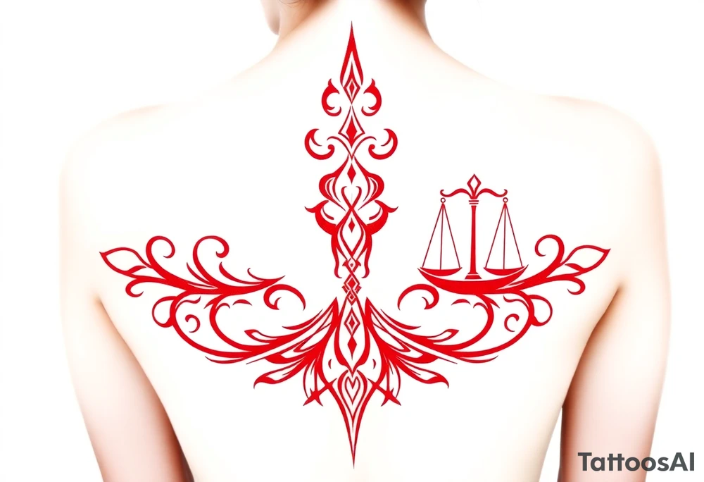 Tattoo that combines the star sign Taurus and Libra ,in red , down the spine tattoo idea