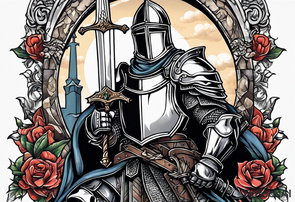 knight holding a bible over his head in combat with both hands tattoo idea