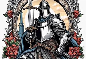 knight holding a bible over his head in combat with both hands tattoo idea