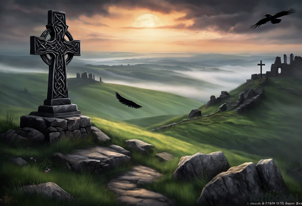A stone Celtic cross solemnly standing atop a hill, a raven perches atop the cross staring out over the desolation. A ruined stone wall lies crumbling near the cross. Mist rolls along the hilltops adding to the melancholic nature of the scene tattoo idea