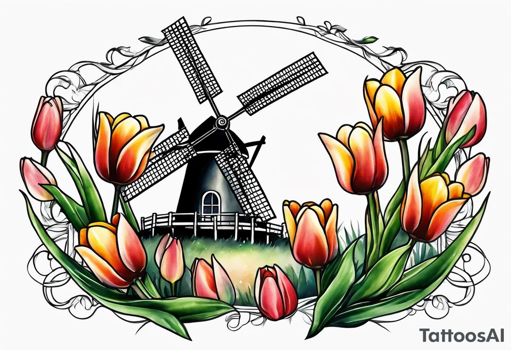 windmill and tulips tattoo idea