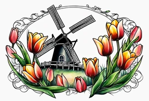 windmill and tulips tattoo idea