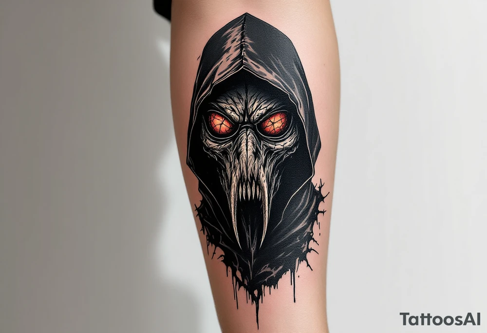 Demonic Plague Doctor – A black-robed doctor with glowing red eyes behind cracked glass lenses, and a mask that appears fused to decayed flesh. The beak is jagged and sharp, resembling a monstrous creature. tattoo idea
