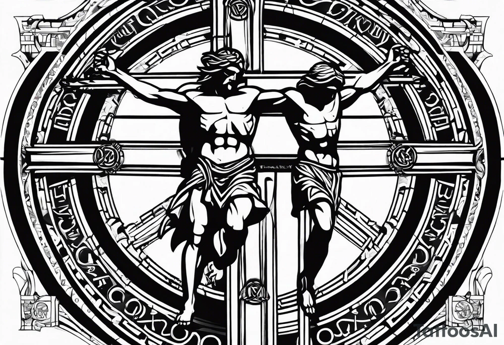 Crucified man inside a circle of Roman numerals with roman numerals on it tattoo idea