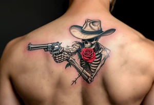 a full body skeleton cowboy gunslinger with a rose in his mouth. tattoo idea