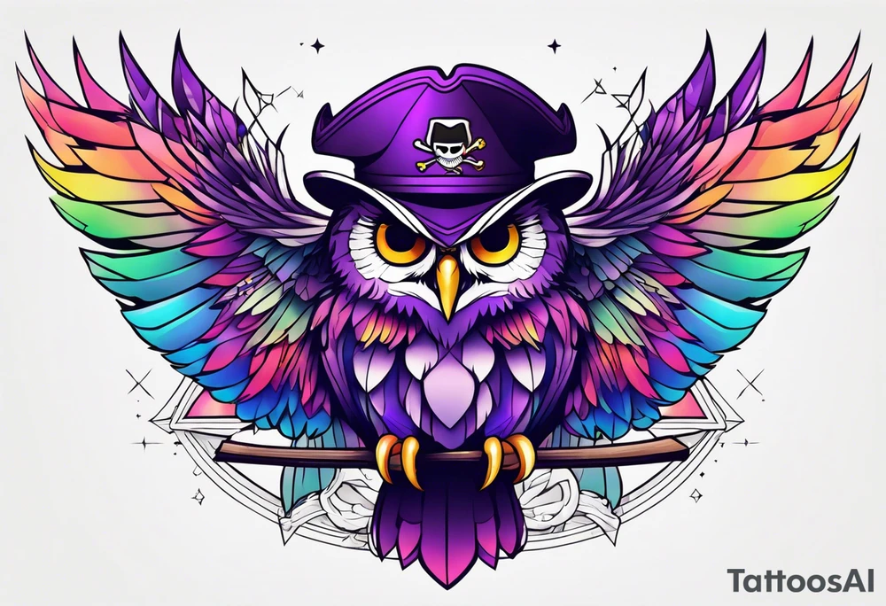 Owl pirate hat geometric purple rainbow tattoo idea