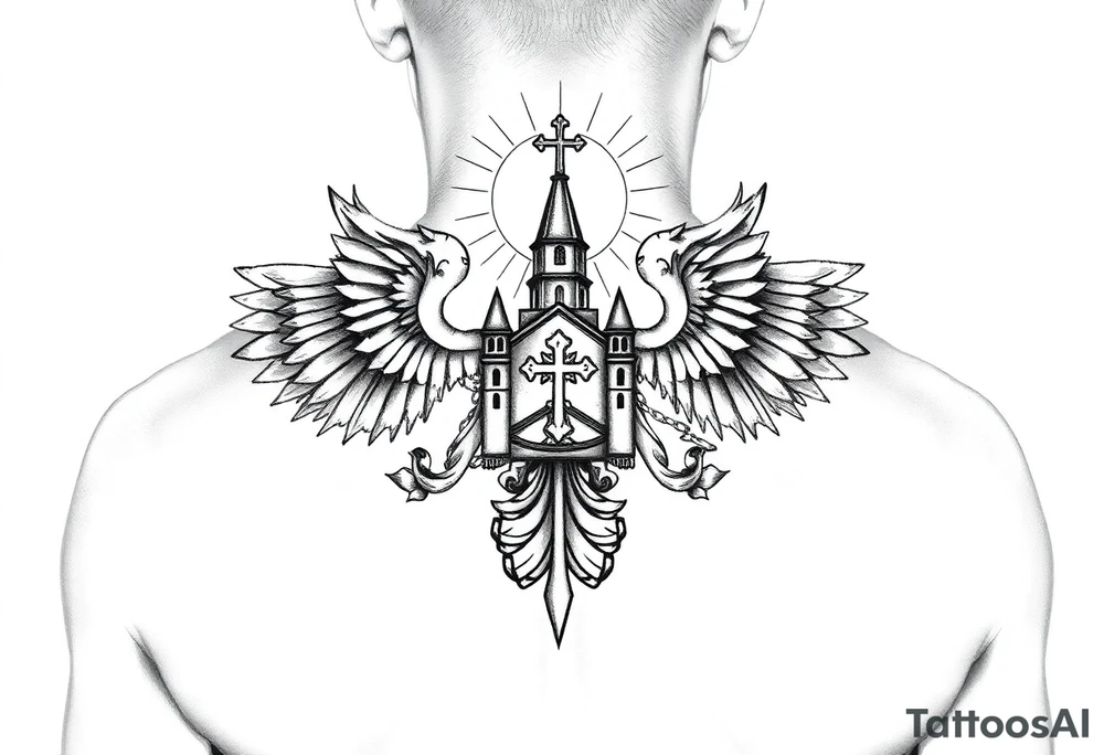 russian coat of arms with both heads visible & wings spanning out on my back neck across on to my shoulders / traps with a orthodox christian church being visible in a mountainous sun beaming setting, with the russian orthodox cross spire of the orthodox church being visible on my neck with a sun beaming in the background that the cross sits inside tattoo idea