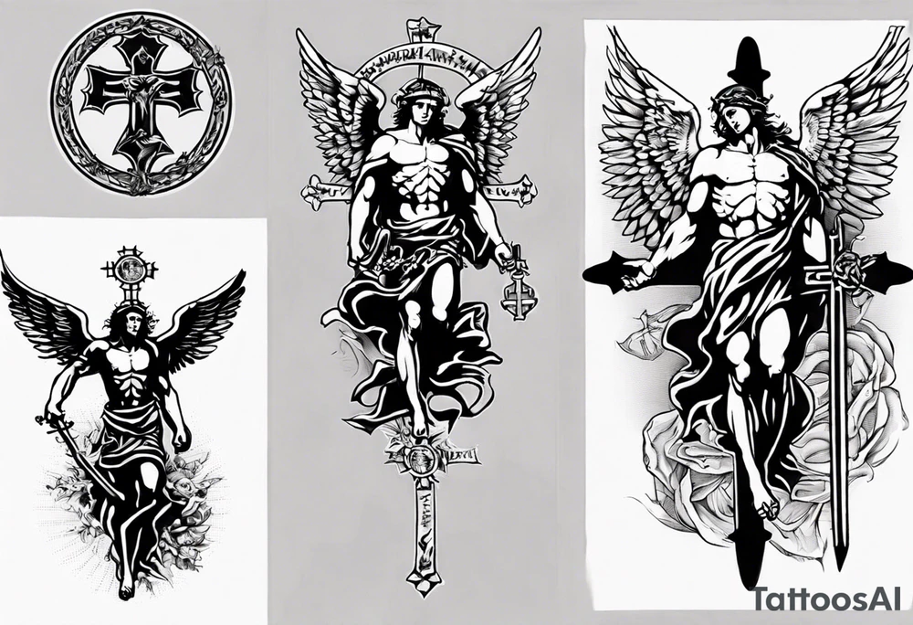 Heiliger St.Michael mit Kreuz in der Hand und ober ihm zwei weisse Tauben tattoo idea