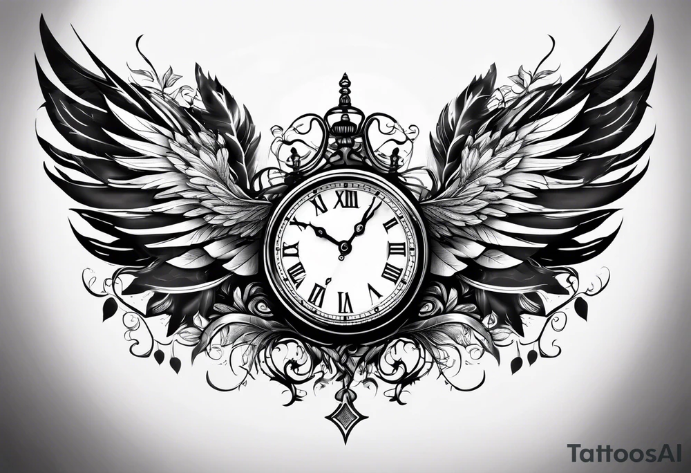 key wings clock leaves tattoo idea