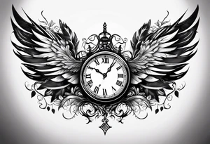 key wings clock leaves tattoo idea