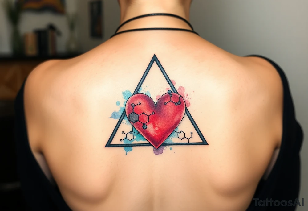 A triangle with a big heart in the center with chemical structures tattoo idea