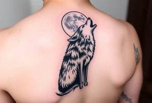 lone wolf howling at full moon with northern lights backdrop tattoo idea