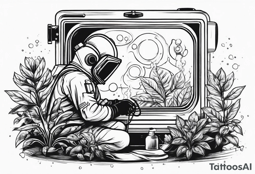 radiation suit with cleaning tank spraying a plant tattoo idea