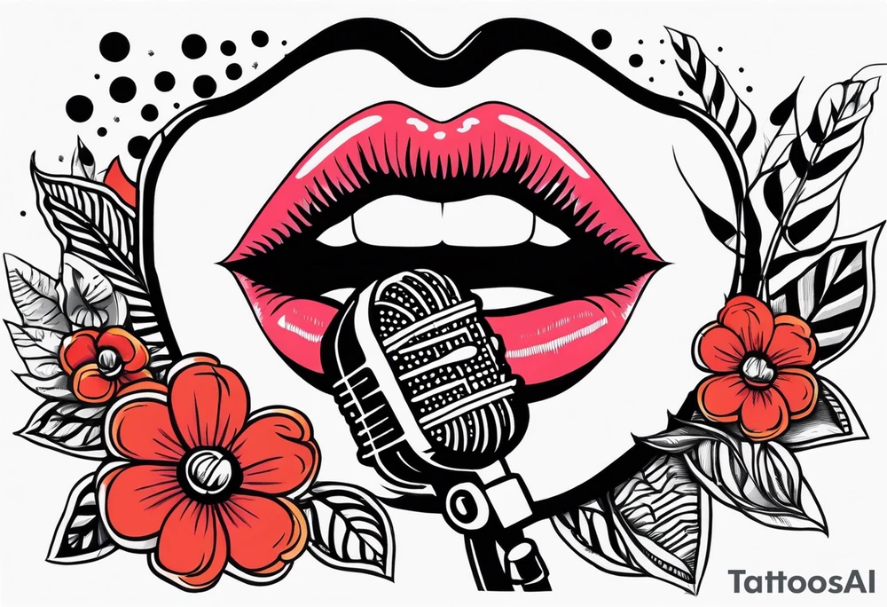 lips singing old school vintage traditional
flowers around and mouth next to microphone
bold and colorful simple design dots and simple flowers sketch tattoo idea