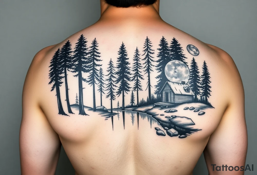 Black and white tattoo.  Tall trees in the woods surrounded by a lake.  With a cabin to the right front.  And a moon reflecting off the lake. tattoo idea