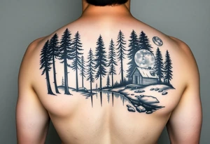 Black and white tattoo.  Tall trees in the woods surrounded by a lake.  With a cabin to the right front.  And a moon reflecting off the lake. tattoo idea