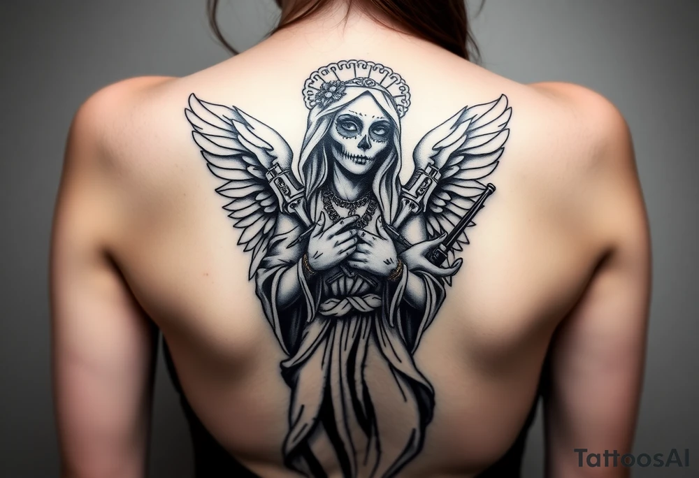 old angel statue (Santa Muerte style) criminal style tattooed and at the same time contemporary, weapons in hand, gangster-style gold necklaces tattoo idea