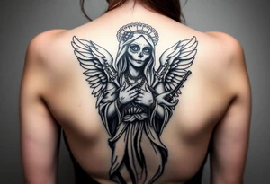 old angel statue (Santa Muerte style) criminal style tattooed and at the same time contemporary, weapons in hand, gangster-style gold necklaces tattoo idea
