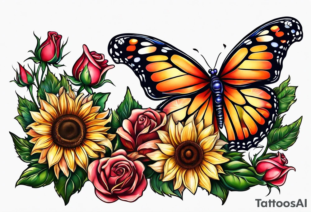 animal butterfly , flower rose, sunflower, tattoo idea