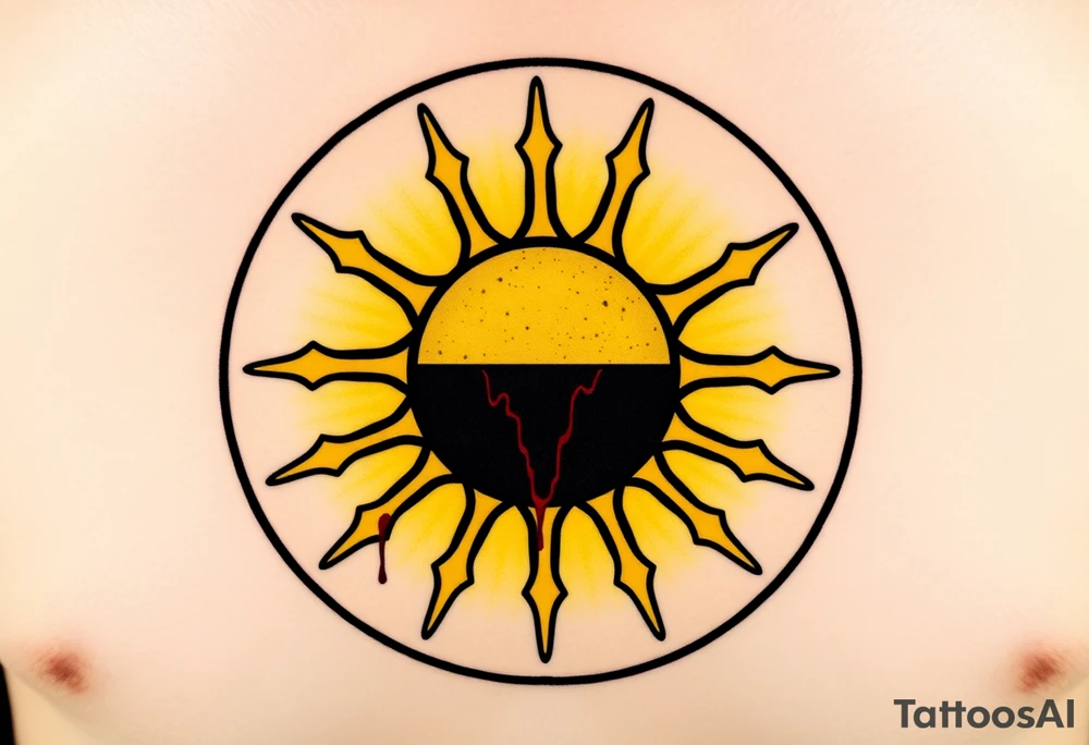 Donbass flag in a circle, colours black and yellow sun. Sun is bleading with blood. 5 cm diameter. Локація: ліва верхня частина грудей, ближче до серця tattoo idea