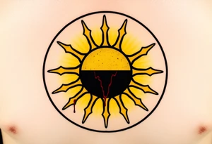 Donbass flag in a circle, colours black and yellow sun. Sun is bleading with blood. 5 cm diameter. Локація: ліва верхня частина грудей, ближче до серця tattoo idea