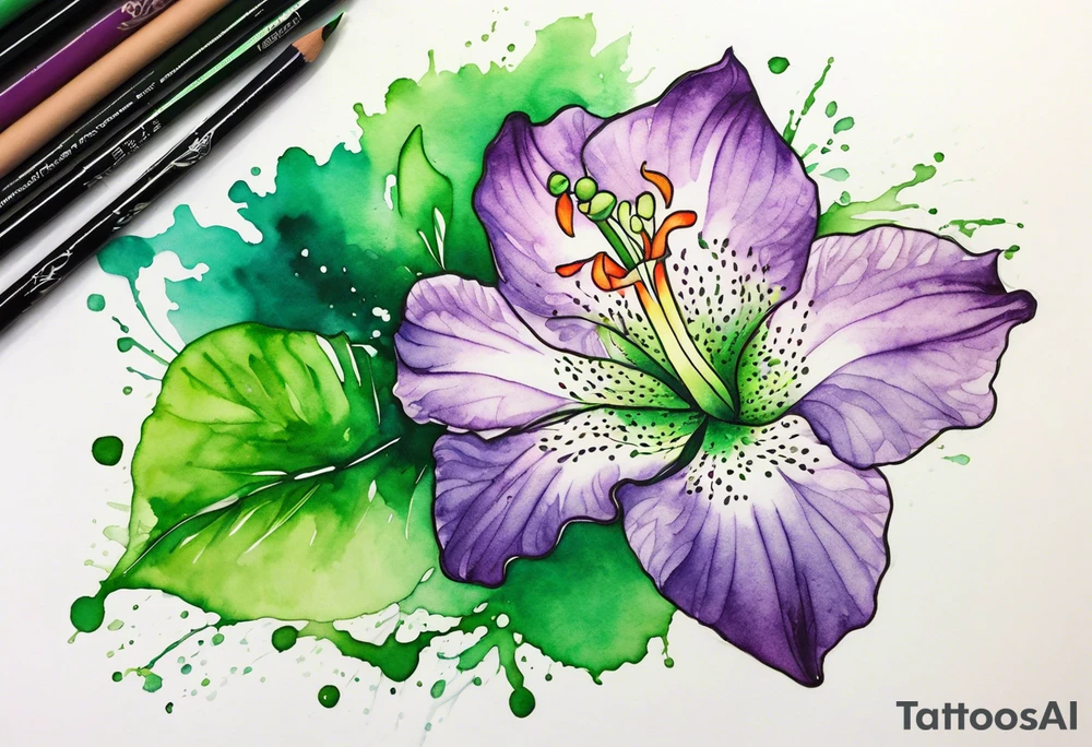 An outline of a green rio dipladenia flower and a green/purple watercolor splash in the background tattoo idea