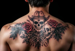 Full skeleton body and head 
cowboy with rose in teeth tattoo idea