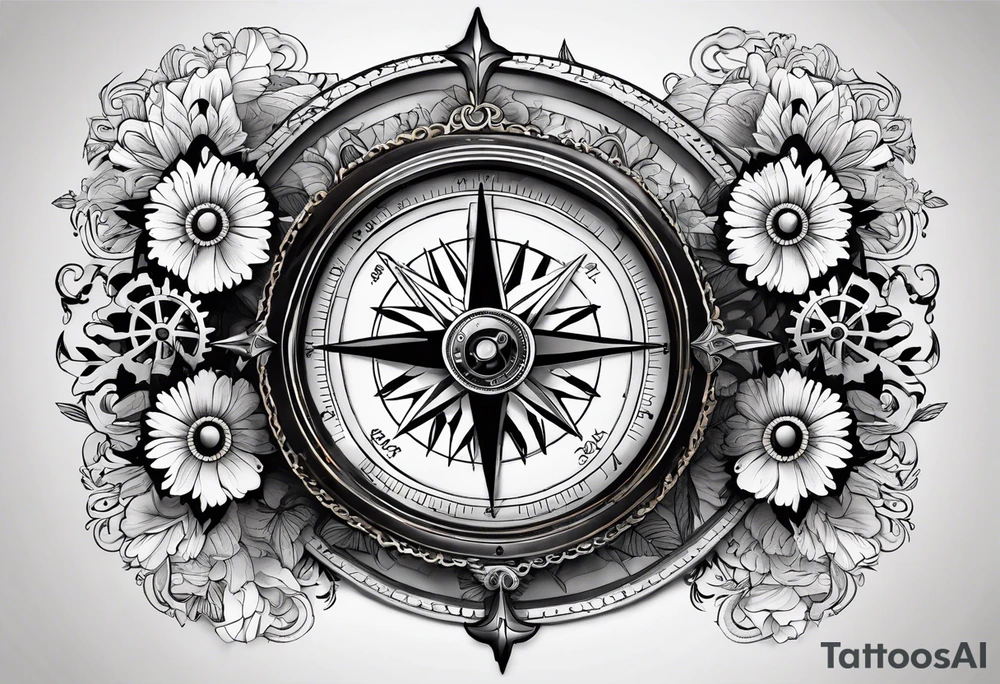 A Vintage compass with gears and marigold flower behind it. tattoo idea