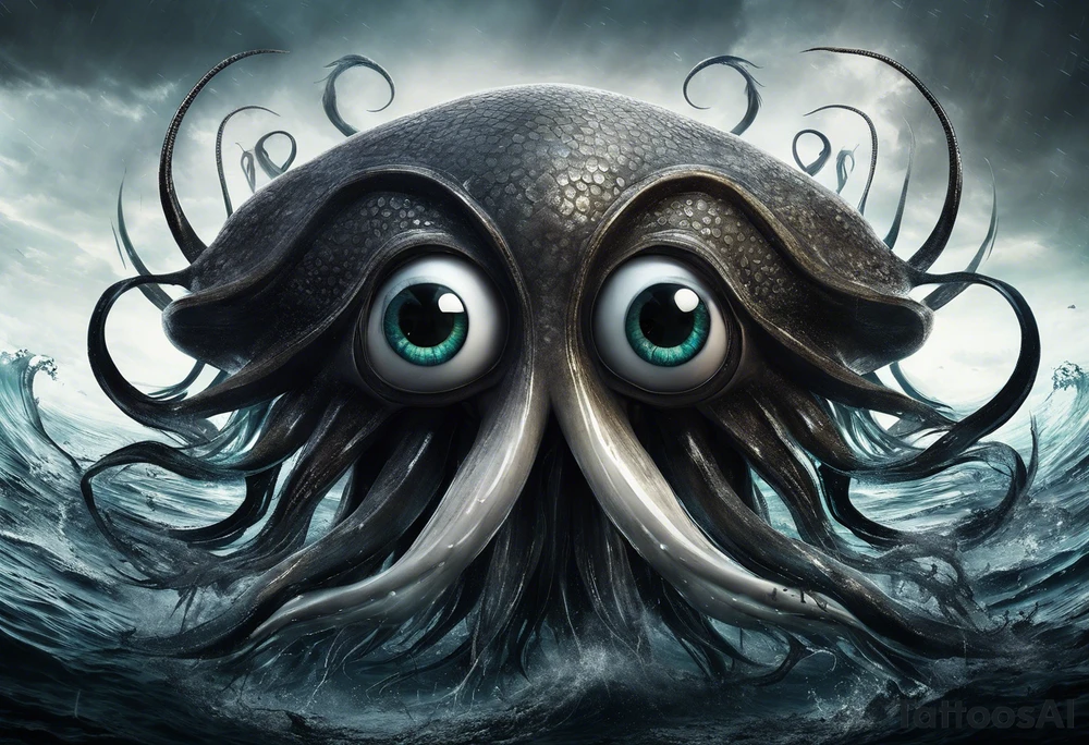 The equivalent of a horror and bizarre squid avatar. twisting and intersecting lines, making it look very wild and chaotic. The eyes of the squid are particularly prominent, one of them is white and the other is black, the overall expression is crazy and intense, with some distressed or damaged texture effects.

Able to change the color of the body and hide in the black sea tattoo idea