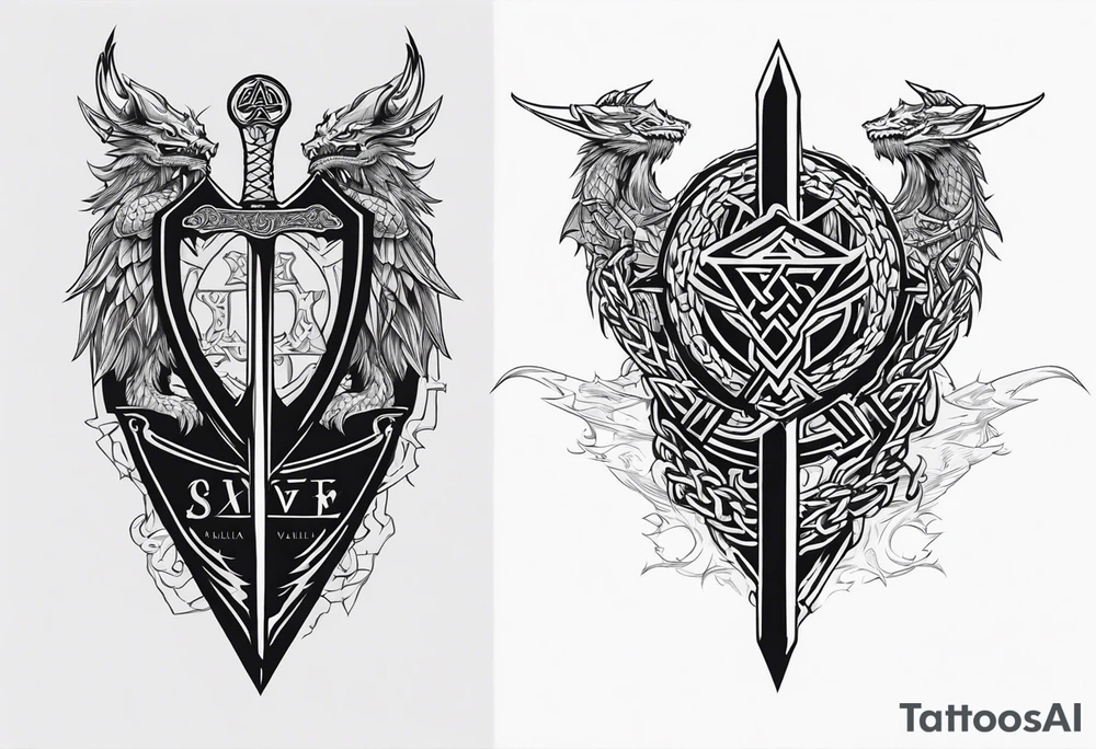 Valhalla sword shield dragon axe Valknut barbed wire chains fire tattoo idea Valhalla sword shield dragon axe Valknut barbed wire chains fire tattoo idea