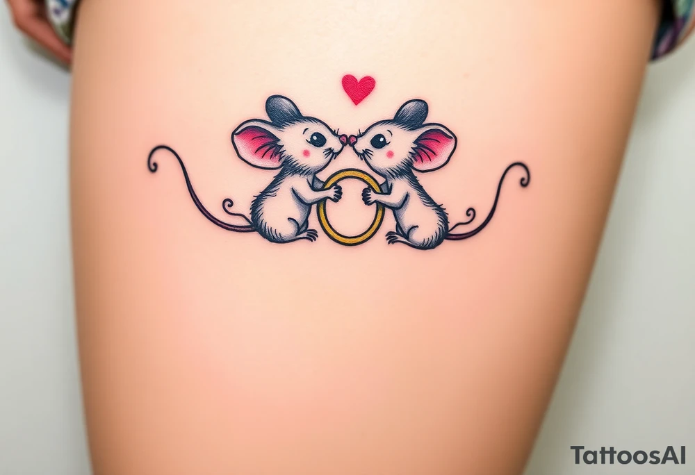 Two kissing mice holding two wedding rings tattoo idea