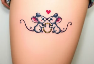 Two kissing mice holding two wedding rings tattoo idea