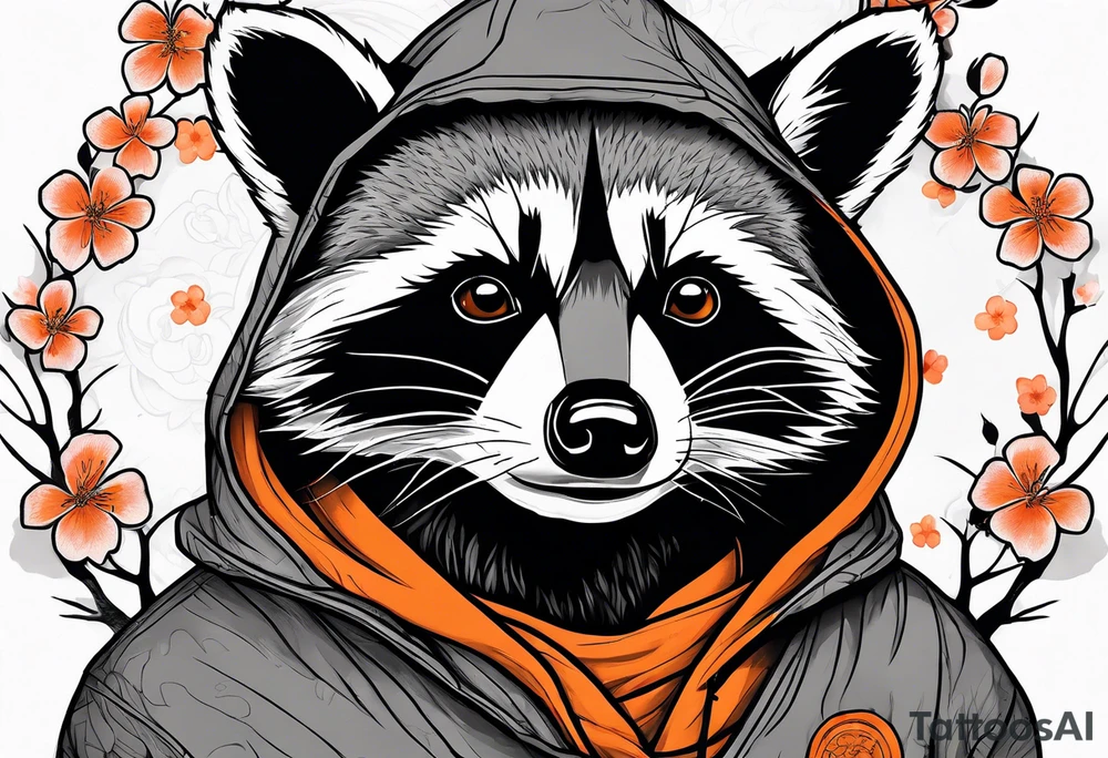 raccoon wearing a black and white Superman hoodie and orange Japanese cherry blossoms tattoo idea
