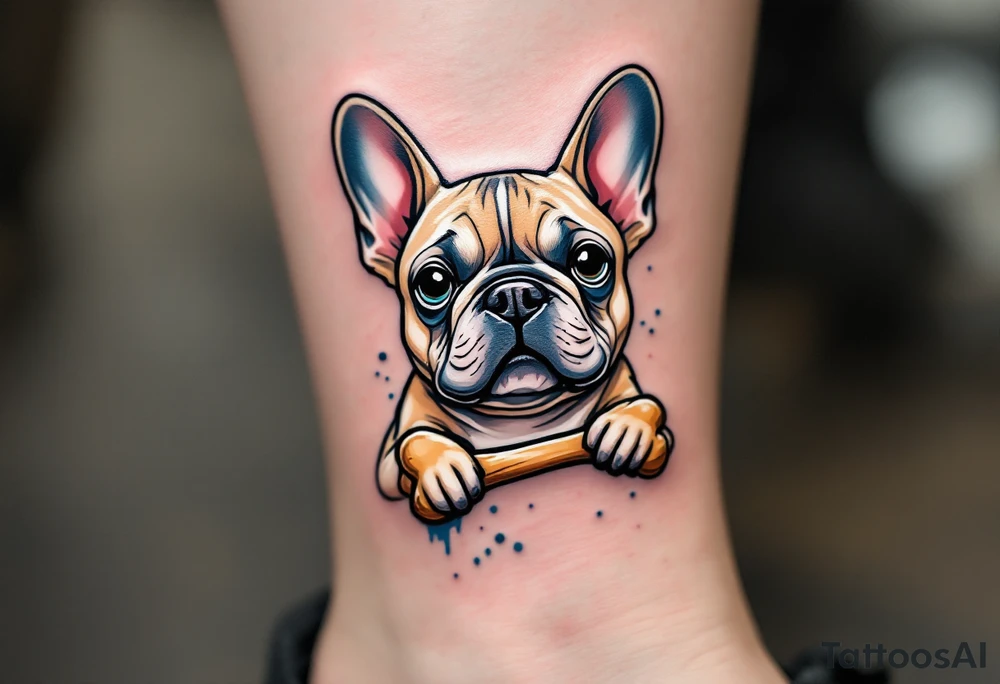 Cartoon-style French Bulldog holding a bone, with exaggerated ears and light fawn fur, outlined in black with splashes of blue. tattoo idea
