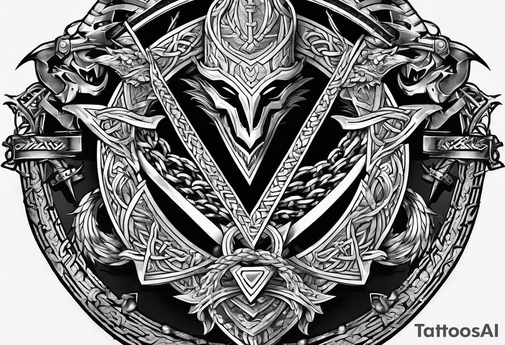 Valhalla sword shield dragon axe Valknut barbed wire chains tattoo idea