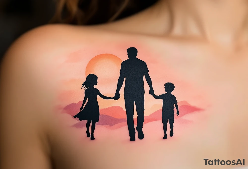 A silhouette of a father holding hands with two children at sunset, shaded in black with a soft orange and pink background. tattoo idea