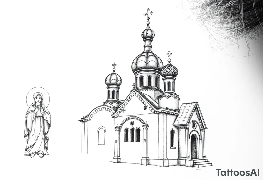 Russian orthodox church with bulb domes with a prominent russian orthodox style virgin mary stood outside to the left tattoo idea