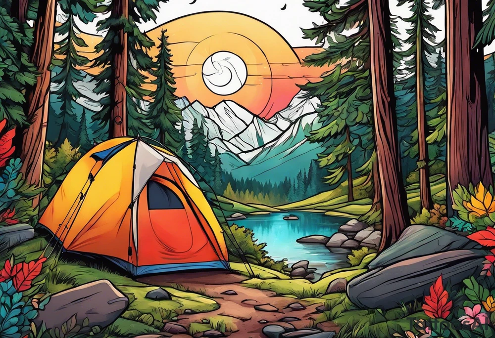 Camping in a colorful forest, adventure, feminine tattoo idea