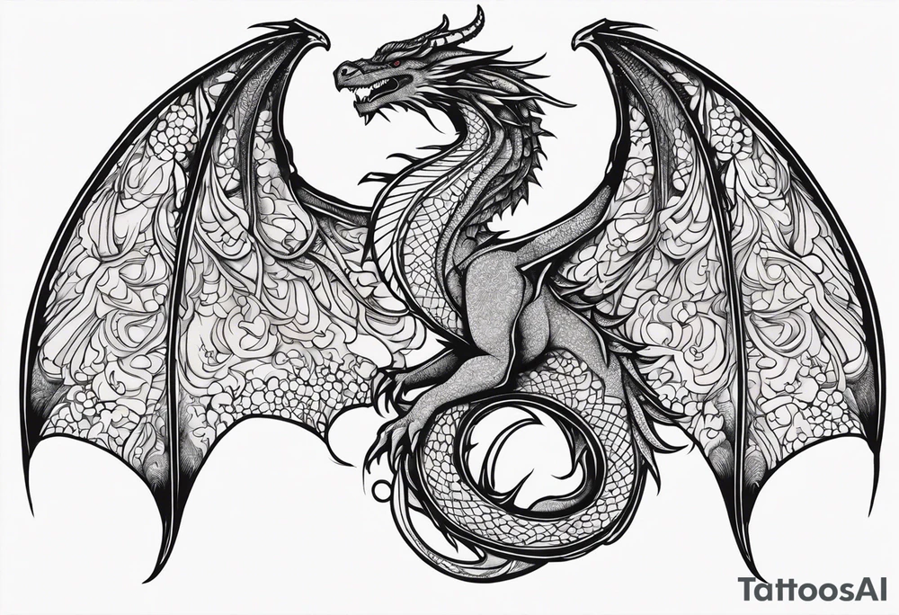 Mother dragon wings spread mushrooms tattoo idea