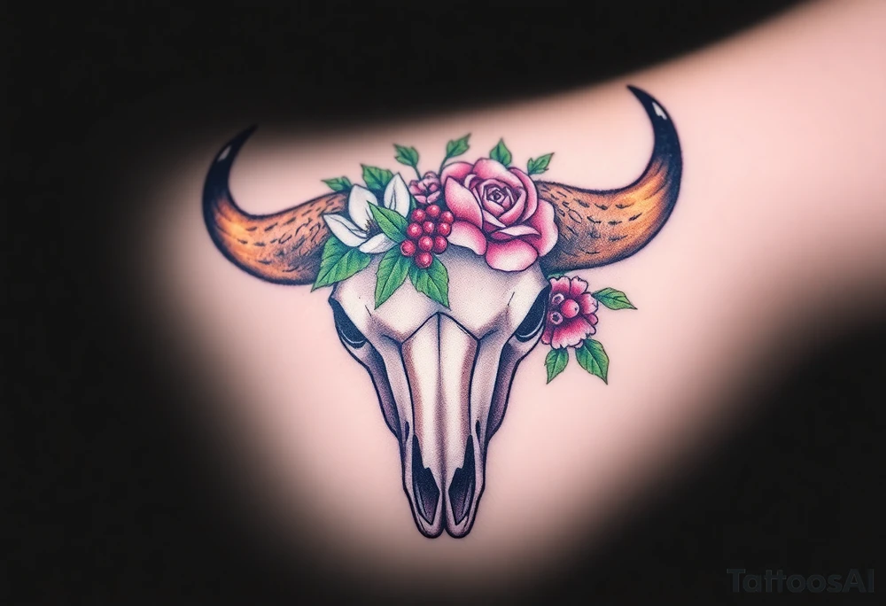 Buffalo skull with flowers. Peony, snowdrop, holly with berries, larkspur, peony. Colour. For upper arm. Masculin. 1:2 aspect

Have one peony and snowdrop above horns. Have holly with berries, larkspur, peony below horns. tattoo idea