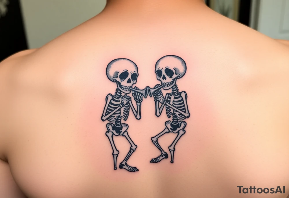 Two cartoon skeletons playing music together with trombone and trumpet tattoo idea