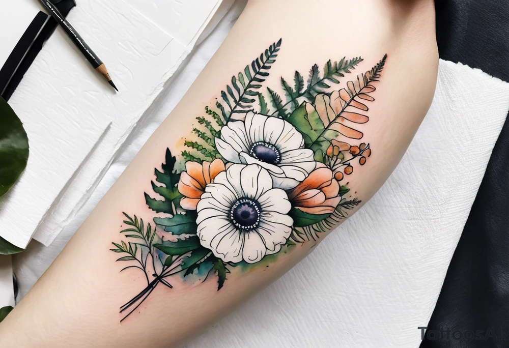 wild flower bouquet with ferns and white anemone all watercolor tattoo idea