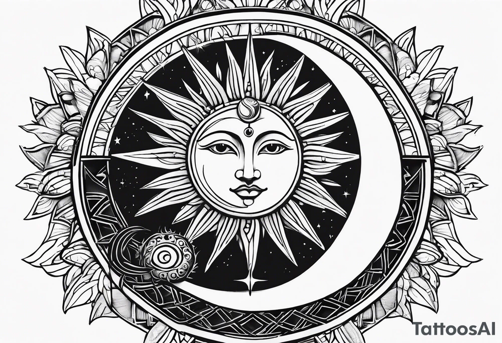 Large sun and moon tattoo that is tall 
Spiritual meaning behind it flowing into a falcon tattoo idea