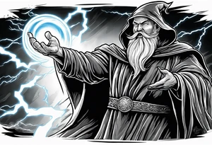 Yelling wizard directing a lightning strike with blue lightning and a black cloak tattoo idea