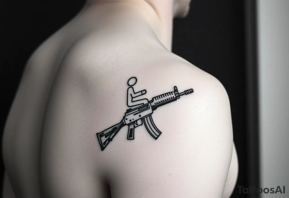 S handicap sign based stick and poke tattoo on underarm carrying an ak47 tattoo idea
