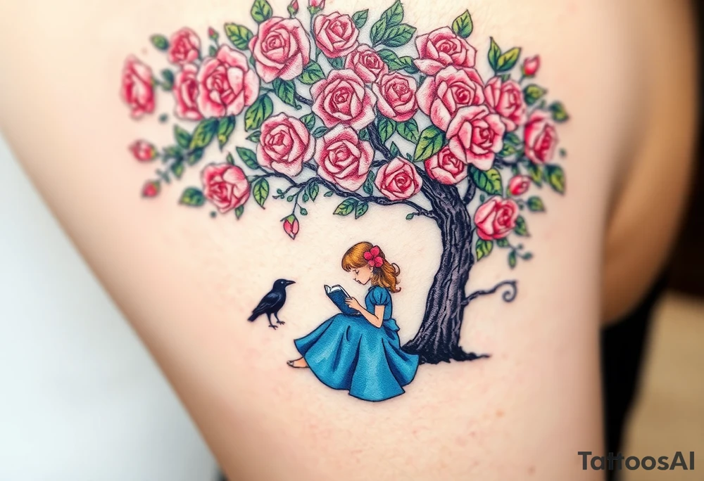 A tree of roses, a little girl wearing a blue dress sitting under it while reading. She has an orange.. A small raven watching her.


. tattoo idea