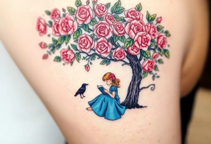 A tree of roses, a little girl wearing a blue dress sitting under it while reading. She has an orange.. A small raven watching her.


. tattoo idea