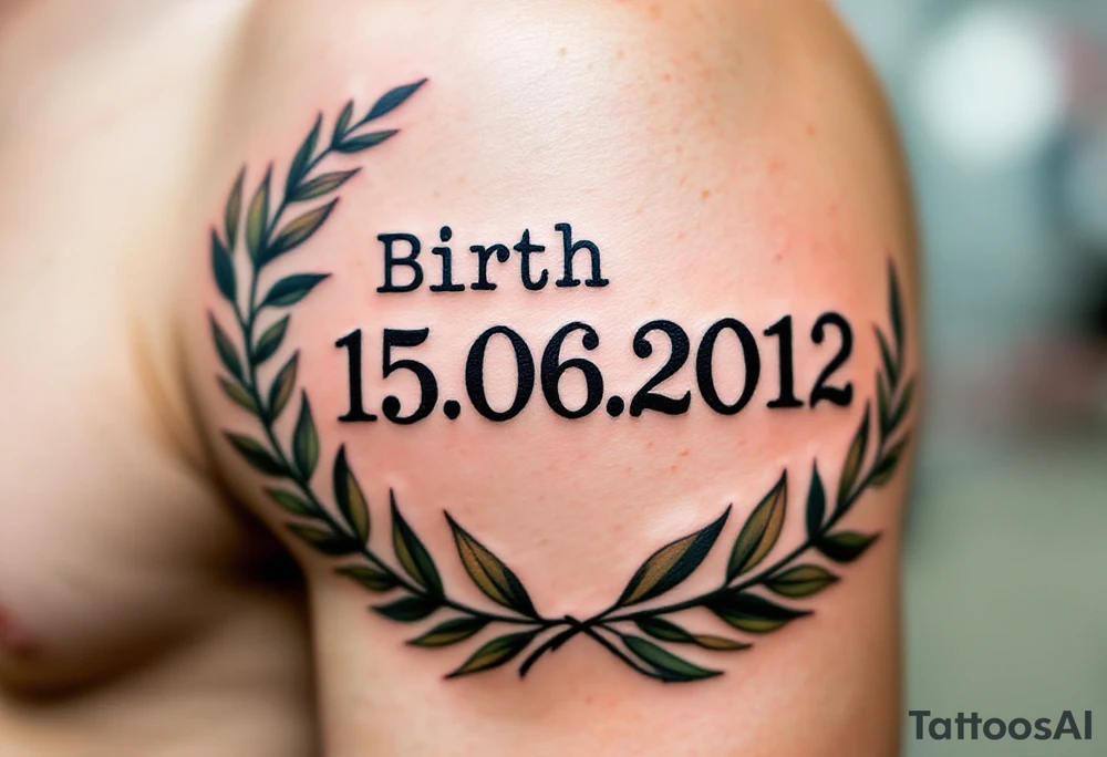 Birth date 15.06.2012 in typewriter font encased in a dusty green laurel wreath. tattoo idea