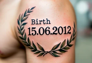 Birth date 15.06.2012 in typewriter font encased in a dusty green laurel wreath. tattoo idea